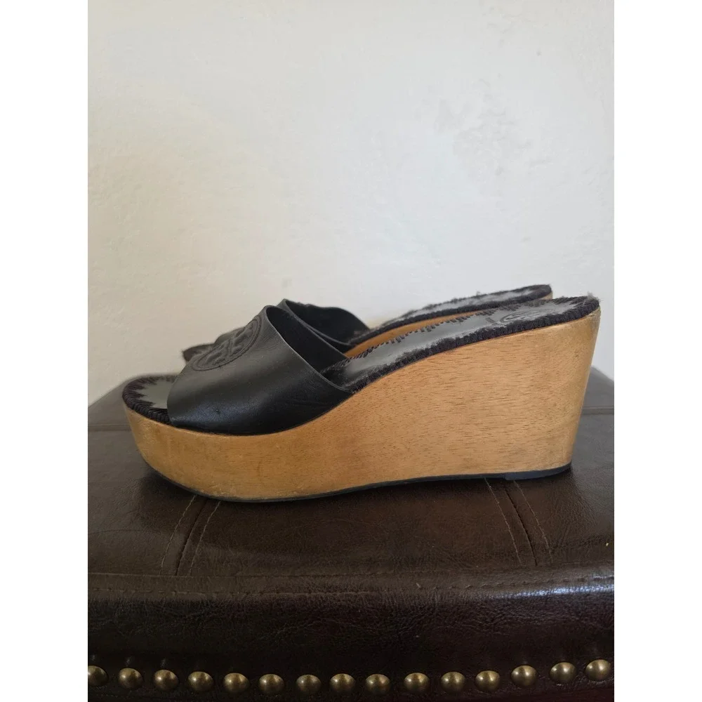 Tory Burch Leather Big Logo Boho Black Wooden Platform Sandals sz 9 READ